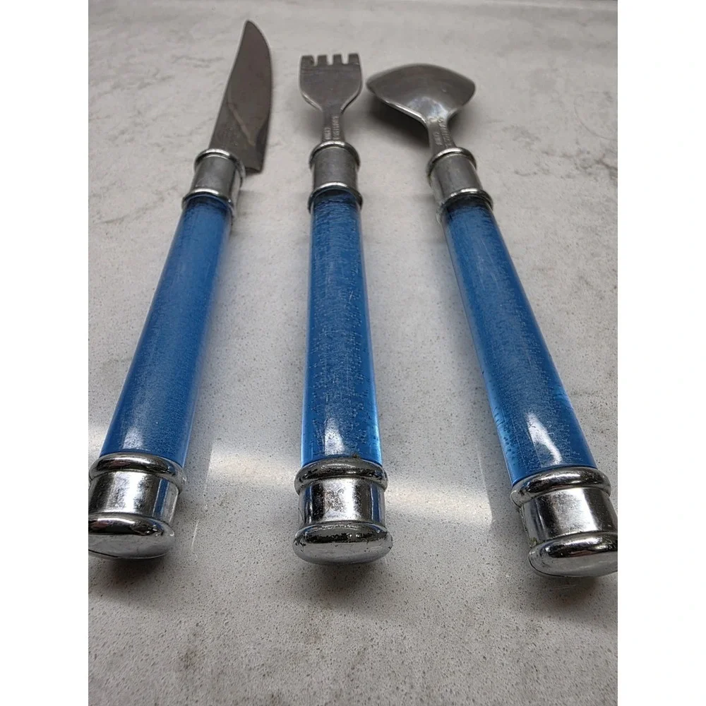 Lot of 3 Blue Lucite Handle Flatware 1 Fork/1 Spoon/1 Knife